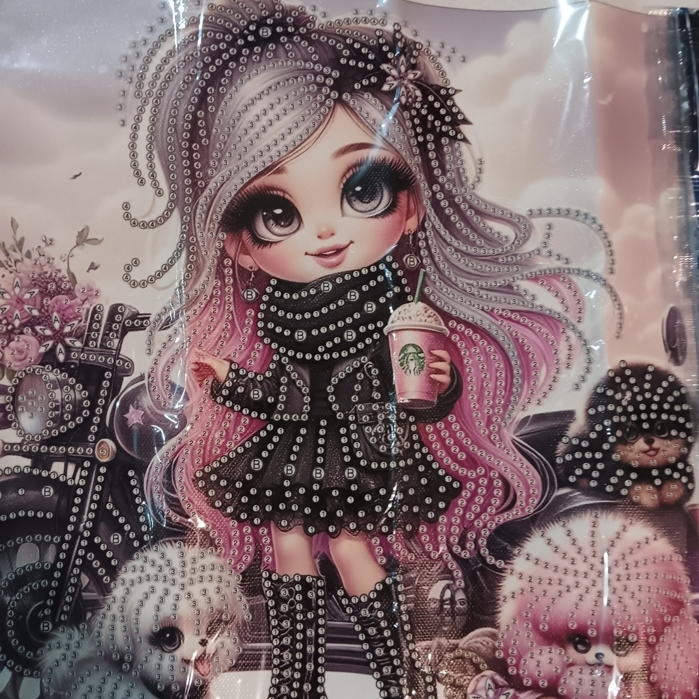 Cute Doll Diamond Art Paint Kit with Dogs and Motorcycle 30x30 - Picture 2 of 4